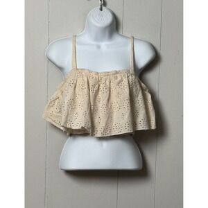 Japna Women's Ivory 100% Cotton Eyelet Ruffle Crop Top Smocked Back Size Large